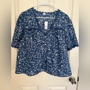 NWT Gap Blue Floral Eyelet Lace Trim Button Front Blouse Size L